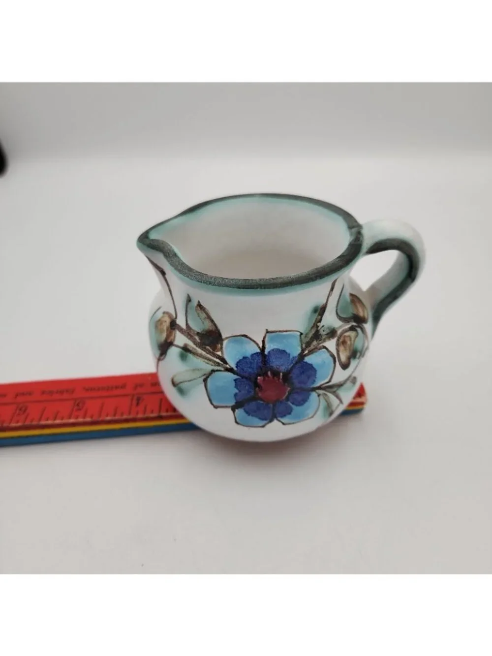 Creamer Pitcher Pottery Tonala Portugal White Blue Flower 3